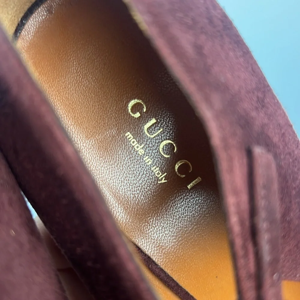 Gucci Betty classic t-strap burgundy high heel suede leather shoes size 40.5